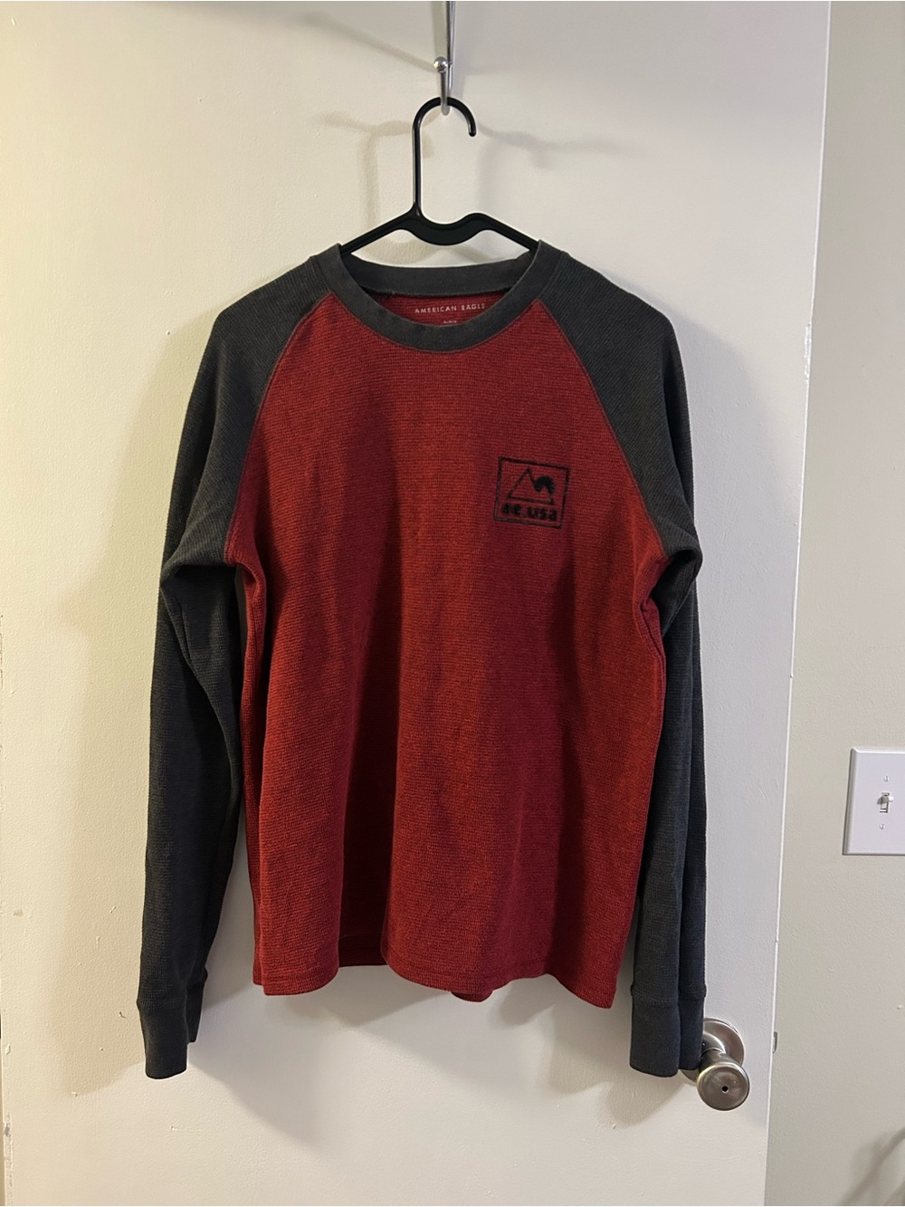 American Eagle Outfitters Red Raglan Long Sleeve Shirt with AE Logo
